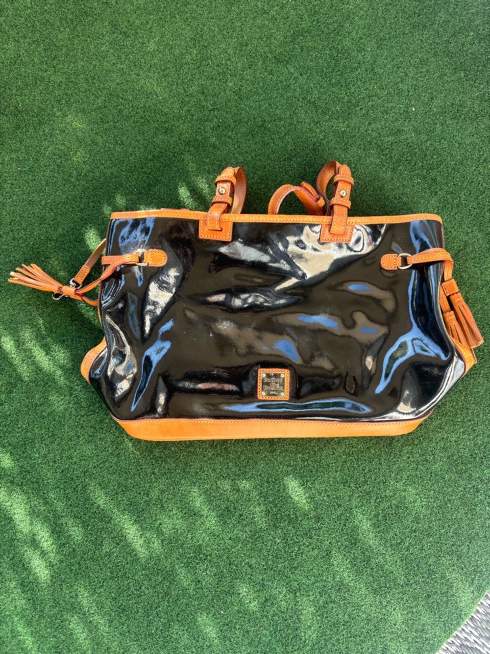 Dooney & Bourke Black Patent Tote with Tan Trim